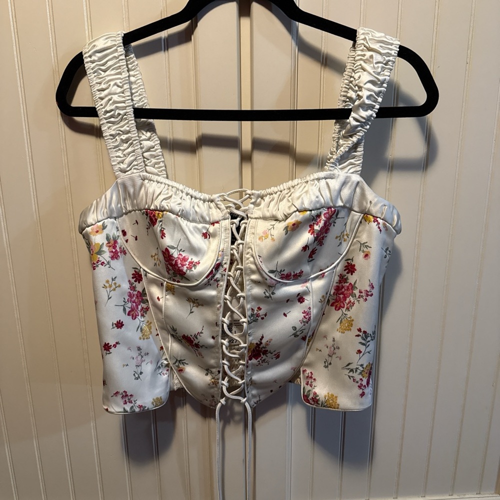 Forever 21 Floral Lace-Up Crop Top - White and Pink